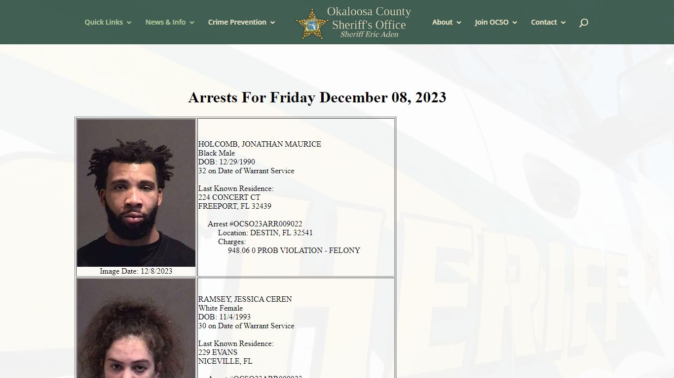 Arrest Information | Okaloosa County Sheriff's Office